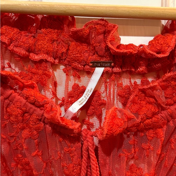 Free People Embroidered Orange Lace Blouse Sheer Boho Floral Hippie Festival - Picture 11 of 15